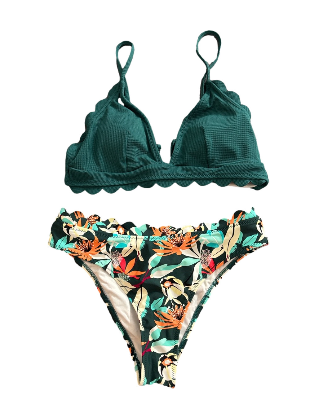 Scallop Trim Tropical Floral Bikini Set Green Medium